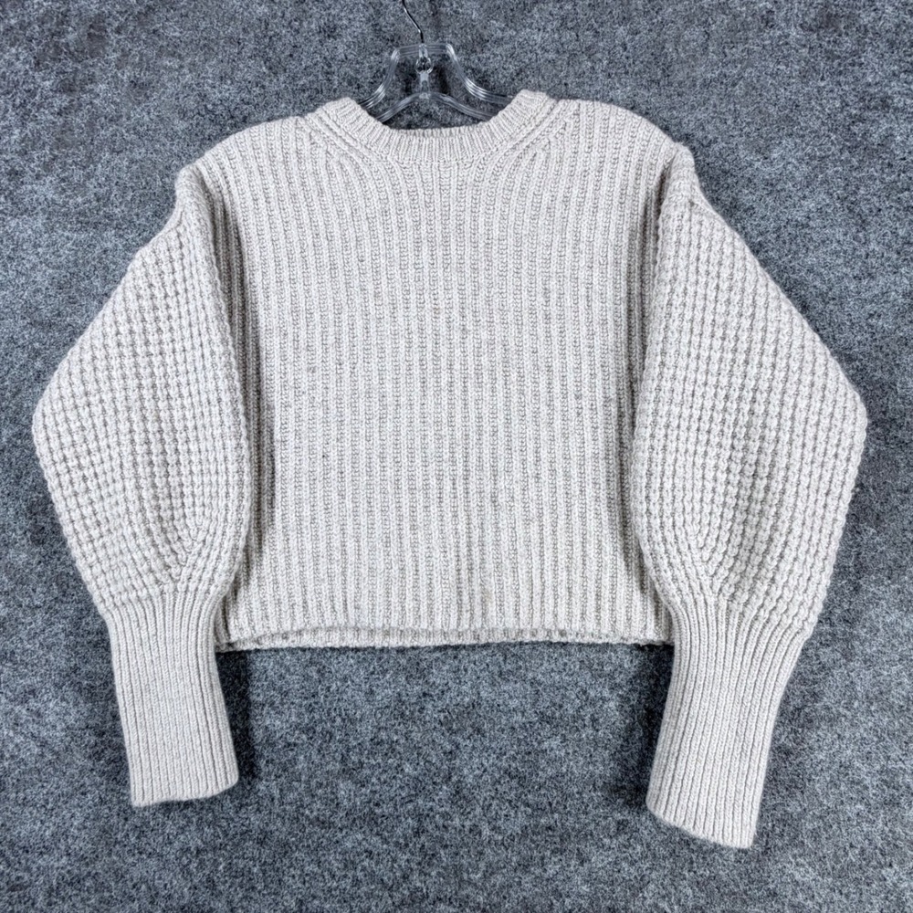 Splendid Women Small Beige Ribbed Knit Balloon Sleeve Wool Cashmere Sweater Top